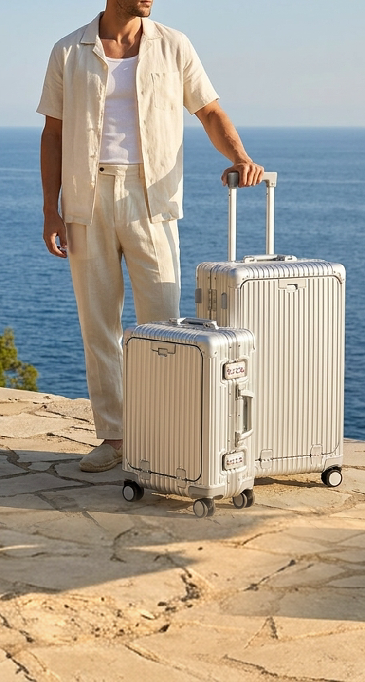 Valises cabine Valigo en aluminium au bord de la Méditerranée