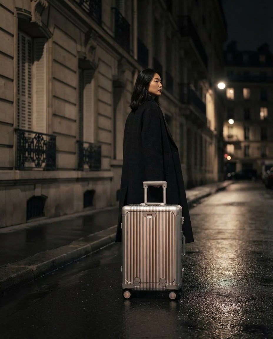 Valise cabine Valigo dans une rue parisienne de nuit