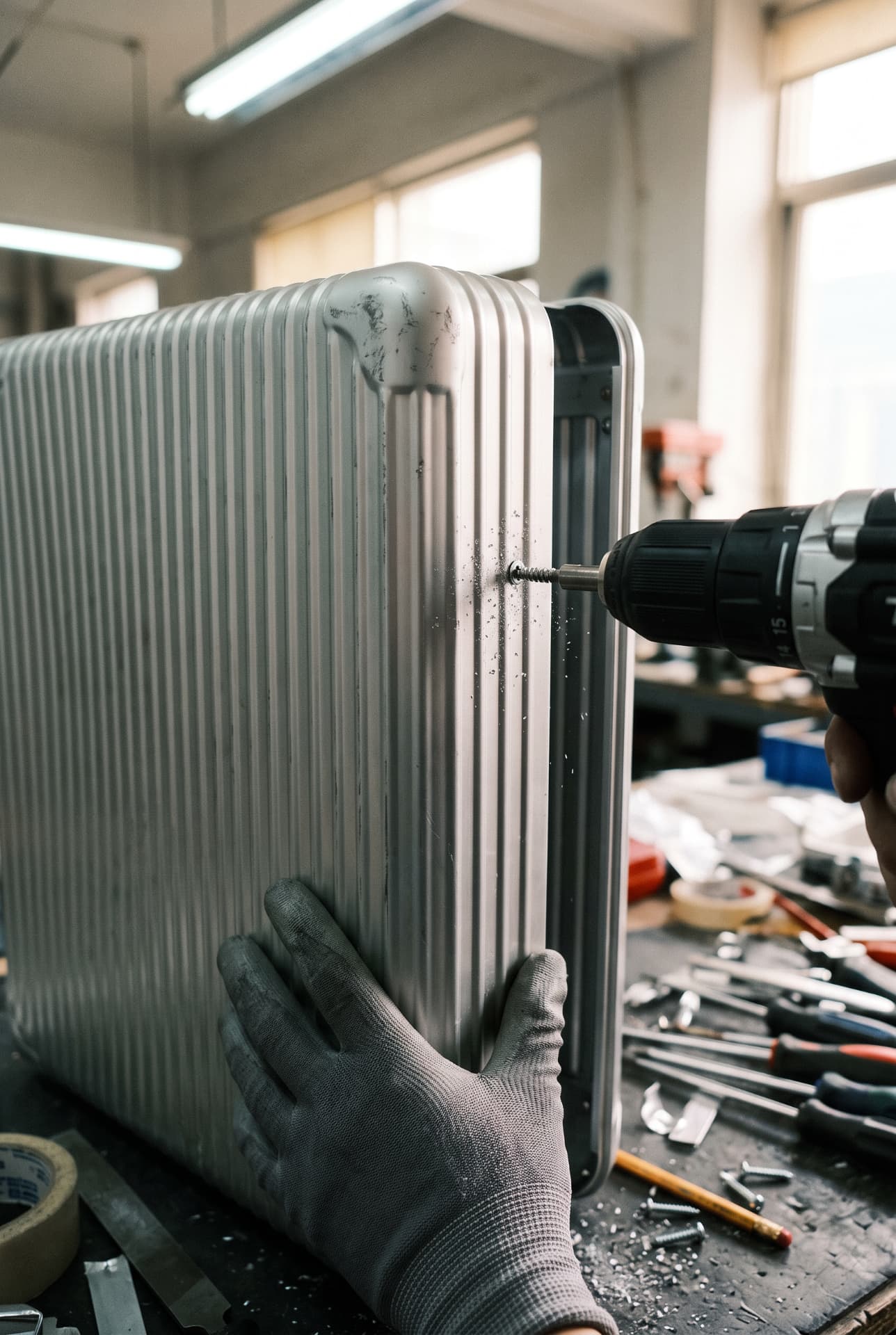 Perçage de la coque en aluminium d'une valise Valigo