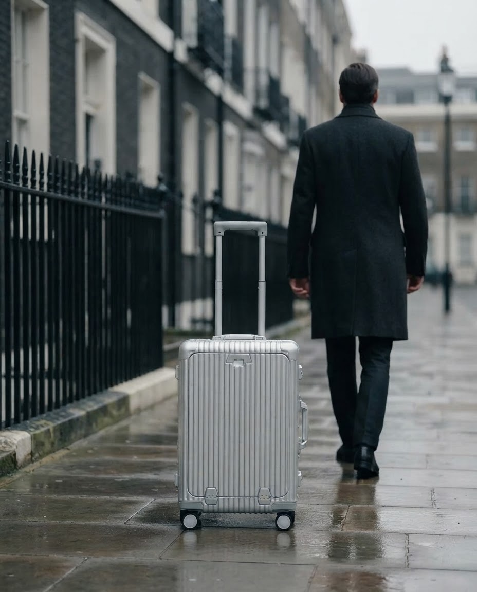 Valise cabine Valigo dans une rue de Londres sous la pluie